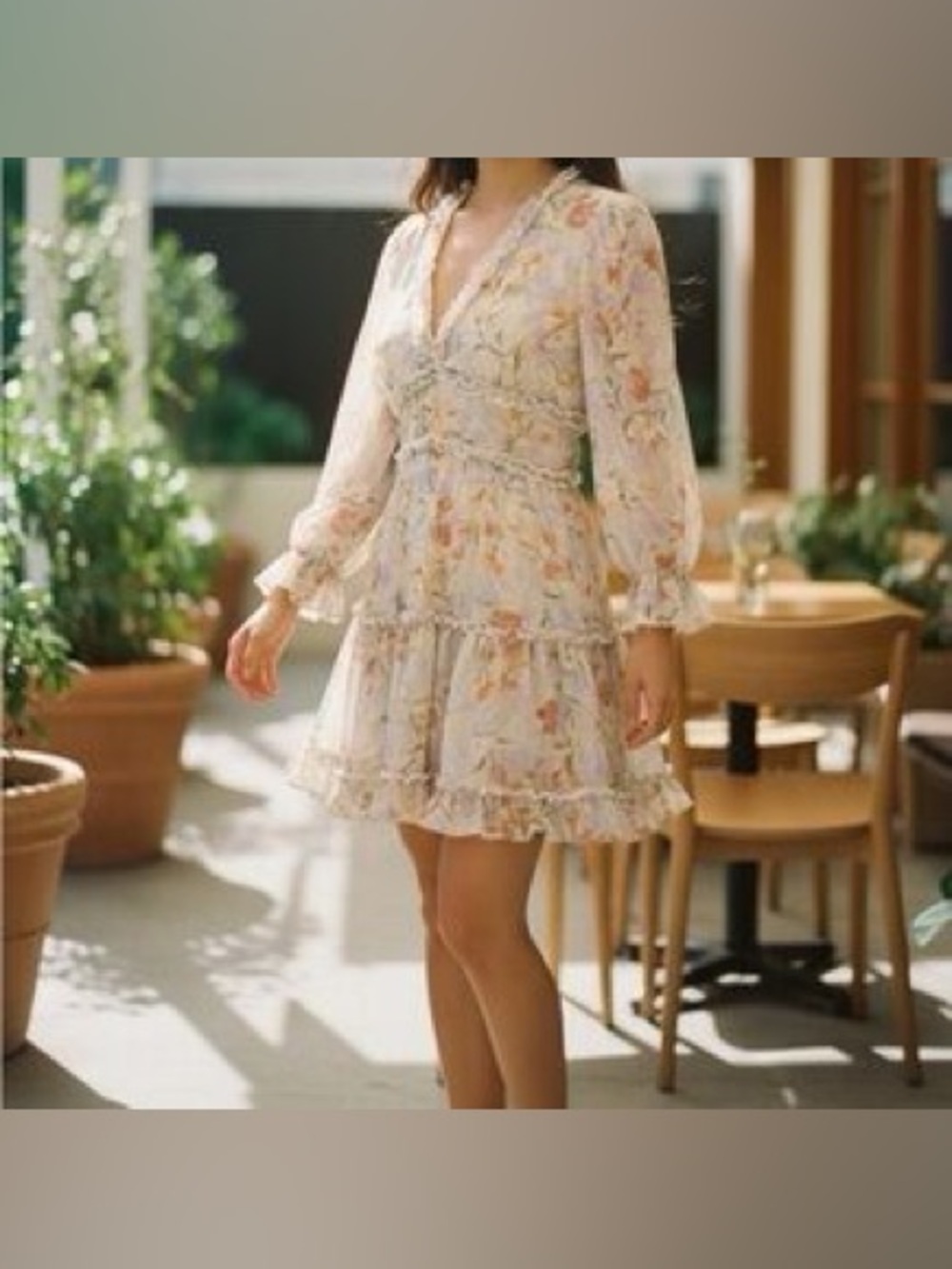 Vici Dress Womens Beige Floral Chiffon Ruffled Mini Boho Peasant - Picture 9 of 9
